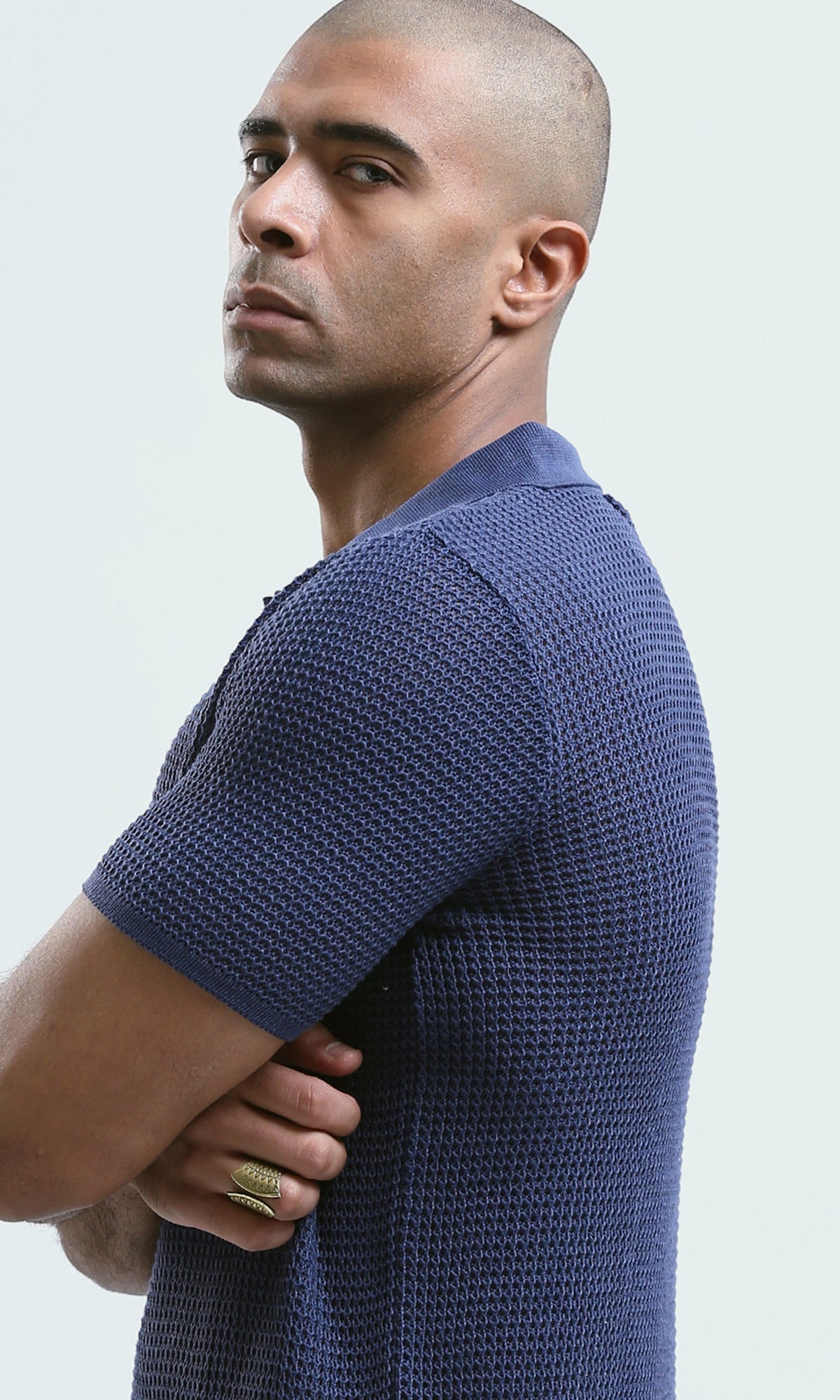 Midnight Blue Textured Knit Short Sleeve Polo - O182757