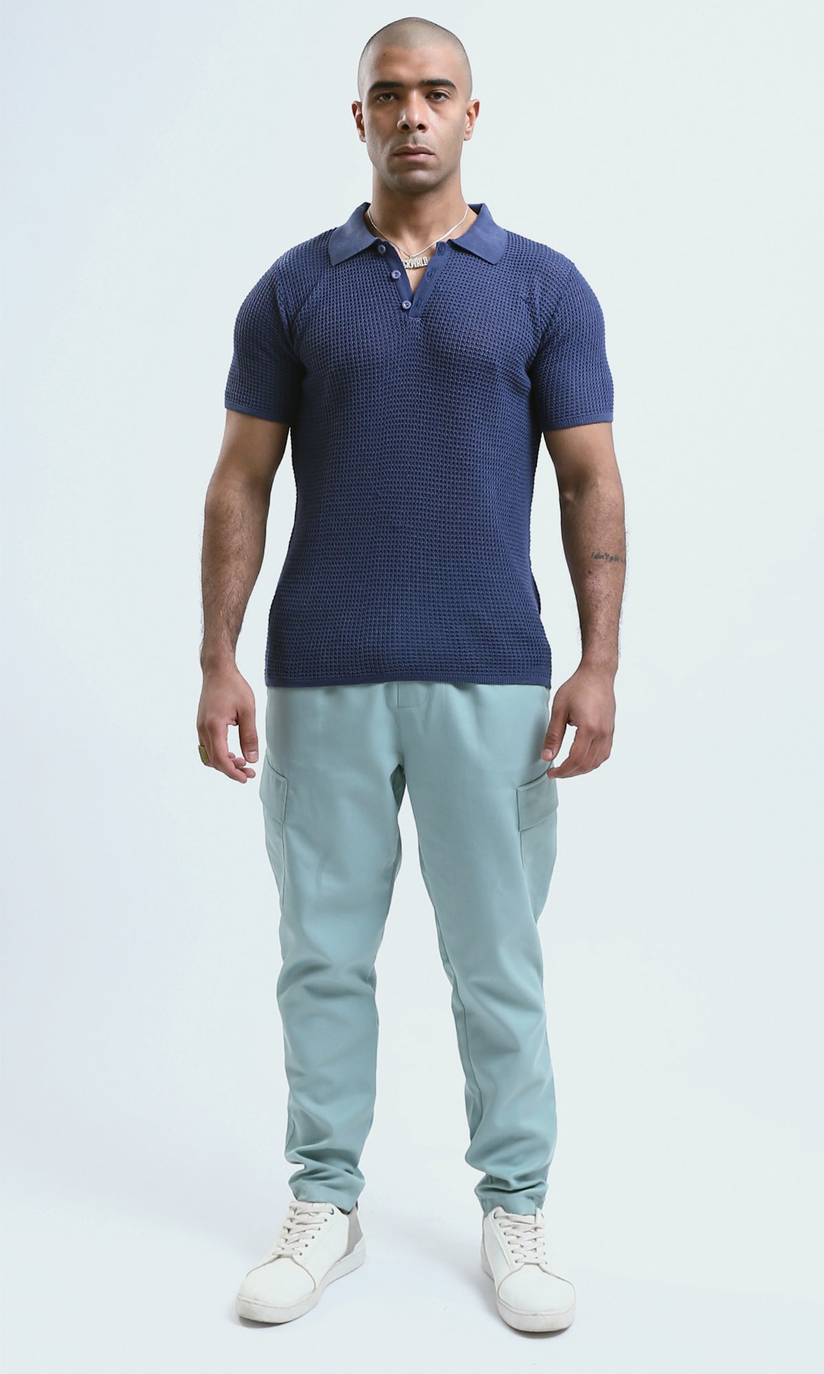 Midnight Blue Textured Knit Short Sleeve Polo - O182757