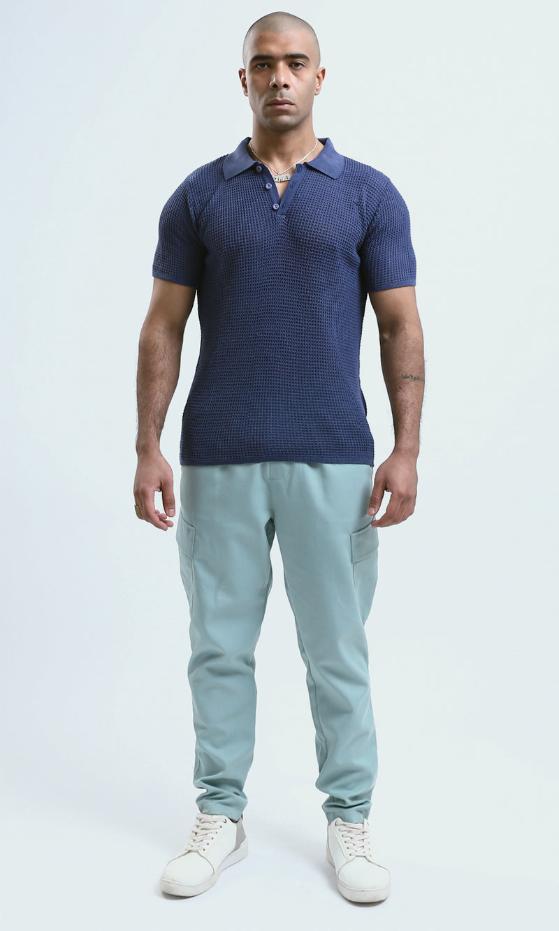 O182757 Short Sleeves Indigo Knitted Polo Shirt