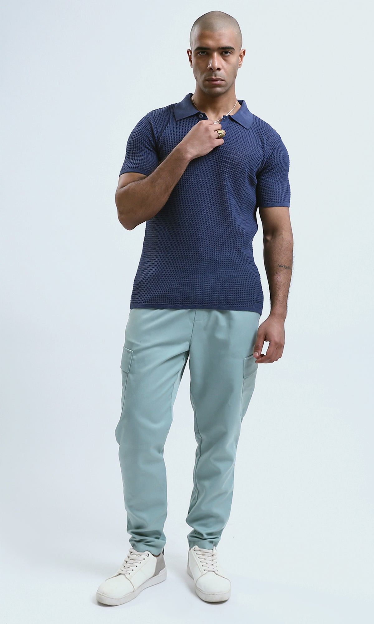 Midnight Blue Textured Knit Short Sleeve Polo - O182757