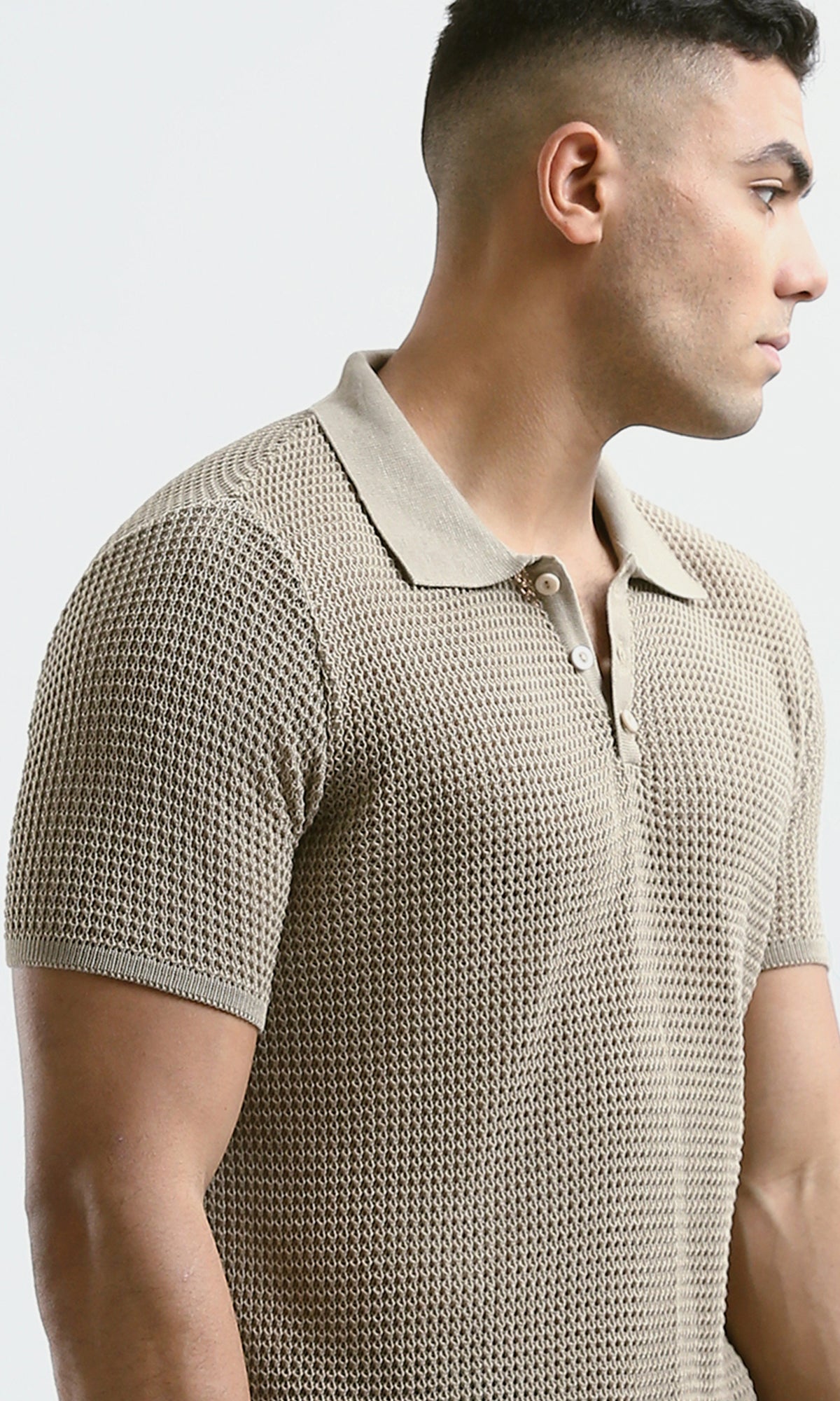 O182758 Buttoned Neck Dark Beige Knitted Polo Shirt