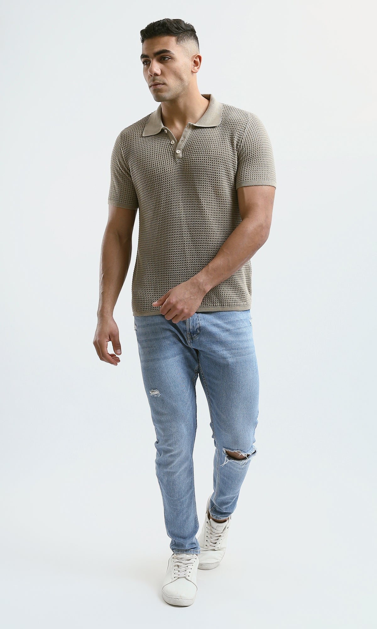O182758 Buttoned Neck Dark Beige Knitted Polo Shirt