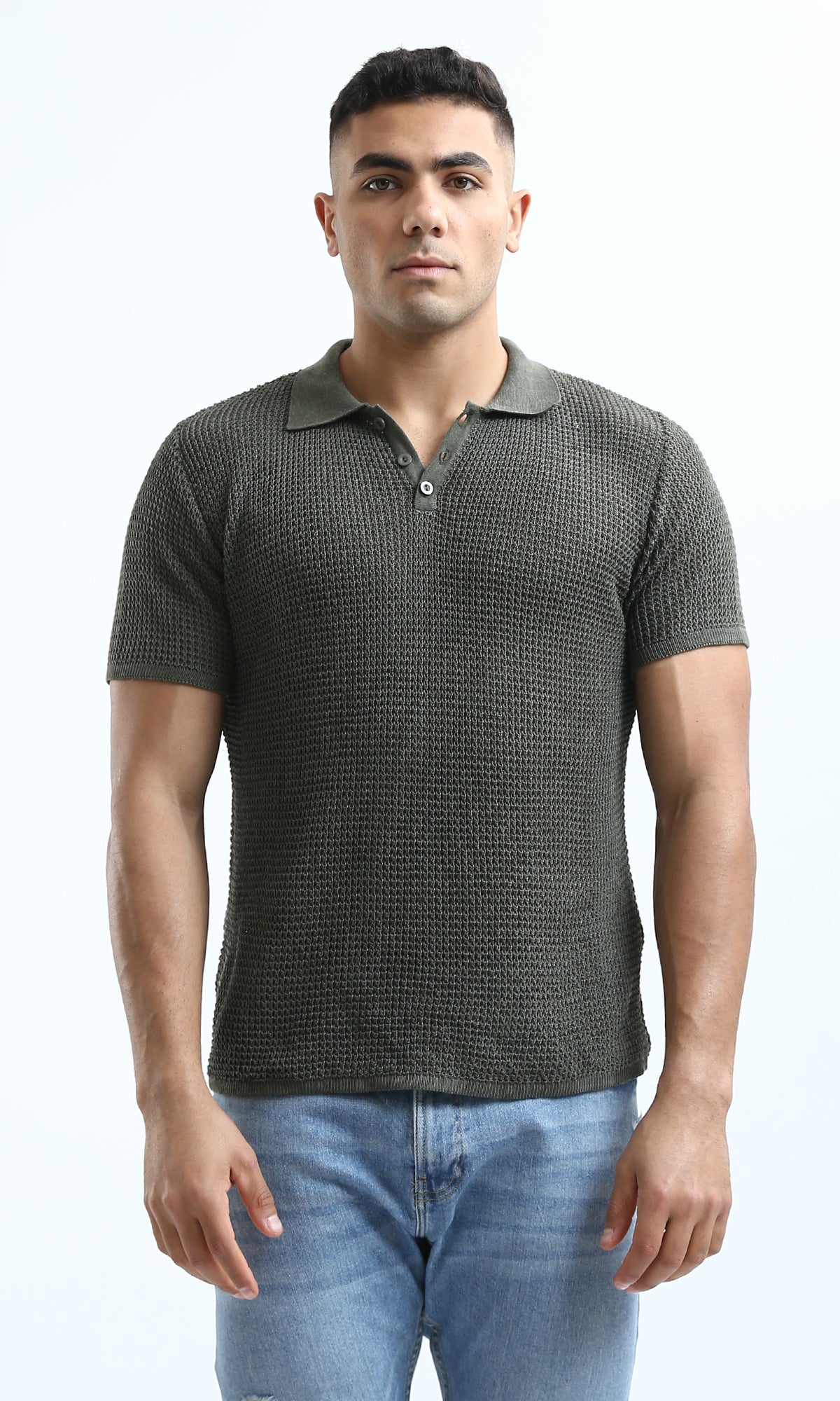 O182759 Short Sleeves Dark Olive Knitted Polo Shirt
