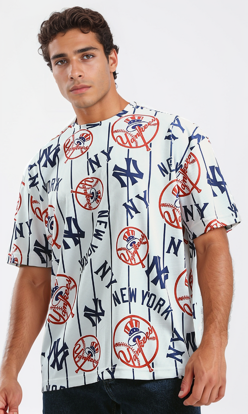 تي شيرت صيفي قطن بأكمام للكوع الأبيض والأحمر