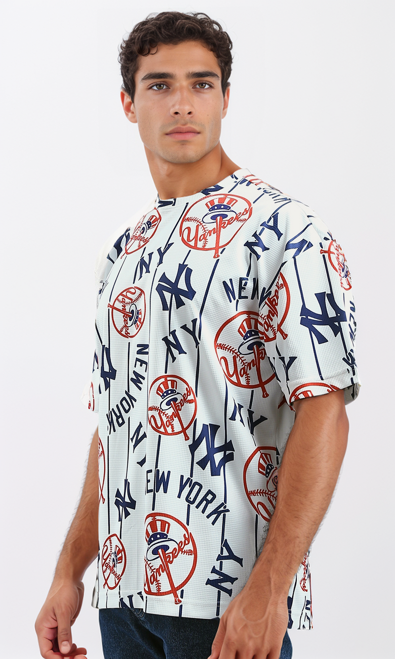 تي شيرت صيفي قطن بأكمام للكوع الأبيض والأحمر