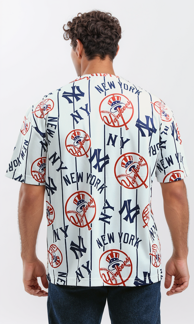 تي شيرت صيفي قطن بأكمام للكوع الأبيض والأحمر