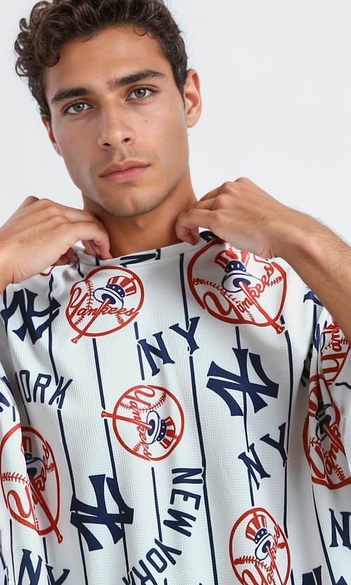 تي شيرت صيفي قطن بأكمام للكوع الأبيض والأحمر