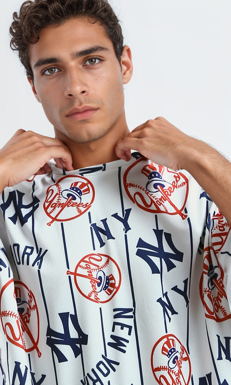 تي شيرت صيفي قطن بأكمام للكوع الأبيض والأحمر