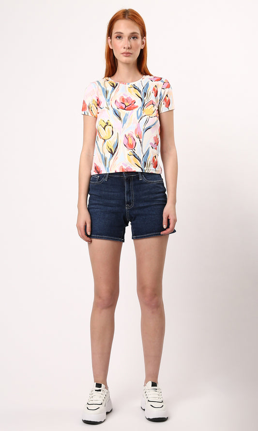 O182826 Colorful Flowers Shorts Sleeves Summer Tee - Multicolour