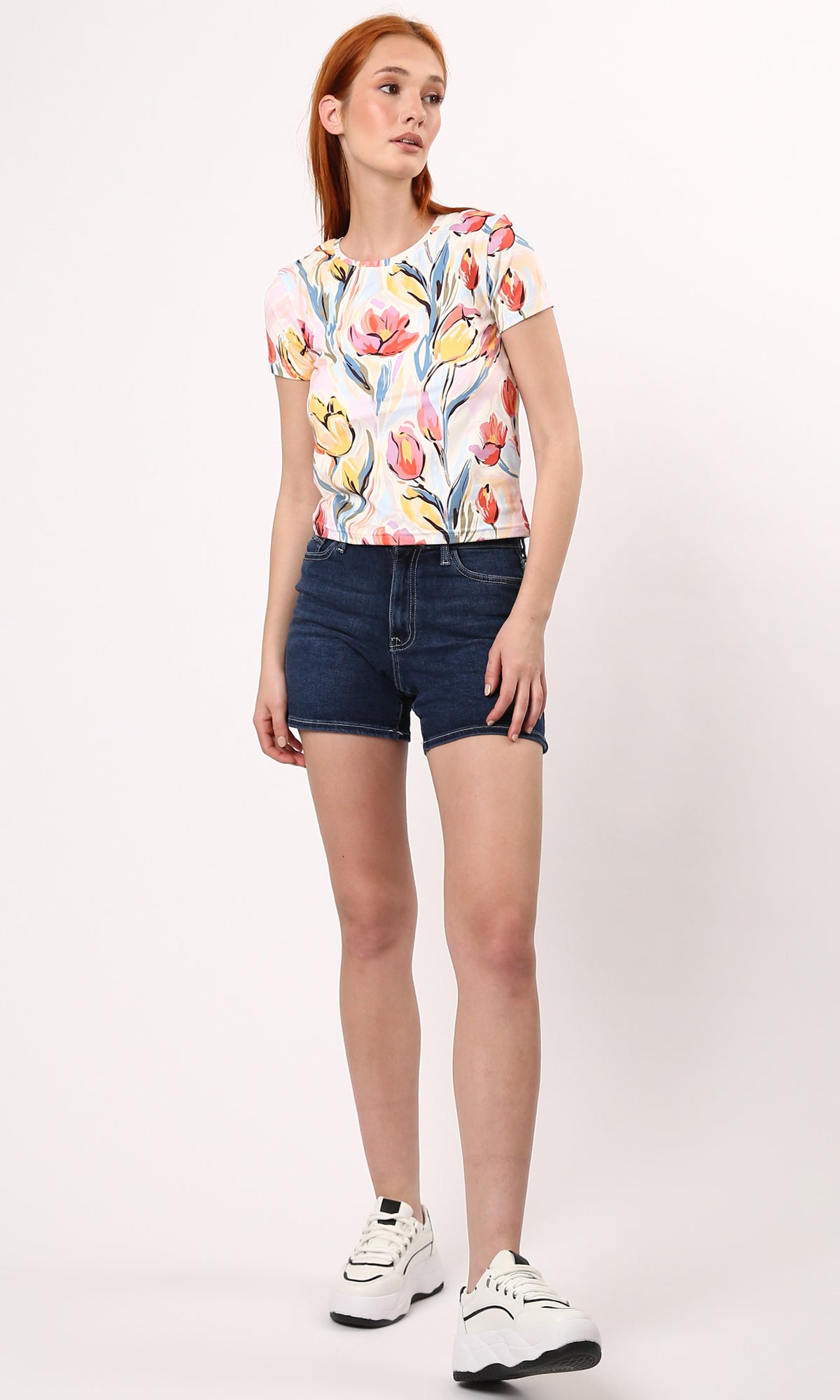 O182826 Colorful Flowers Shorts Sleeves Summer Tee - Multicolour