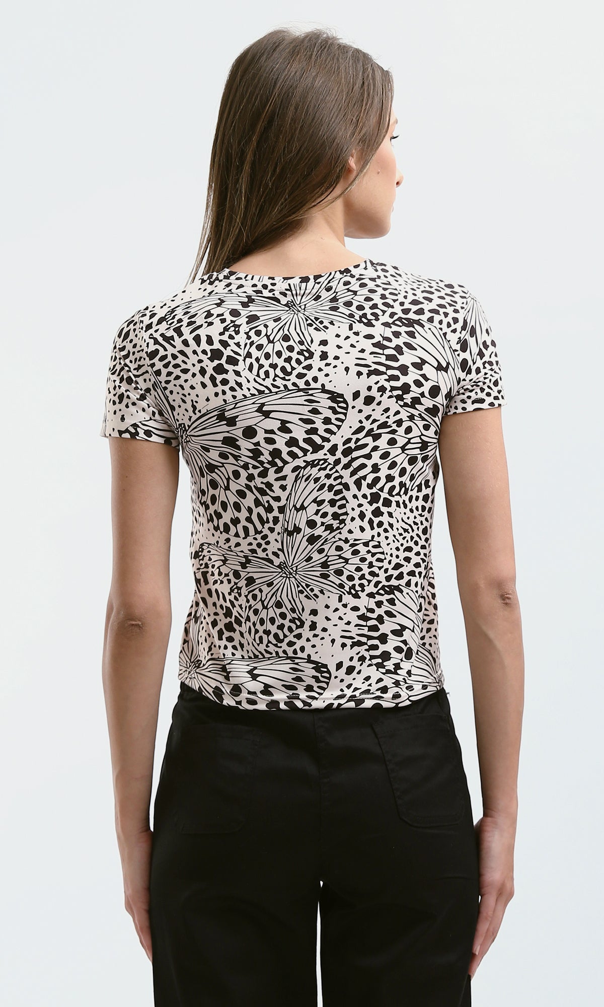 O182831 Beige & Black Patterned Short Sleeves Short Tee