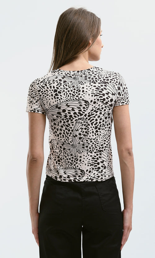 O182831 Beige & Black Patterned Short Sleeves Short Tee