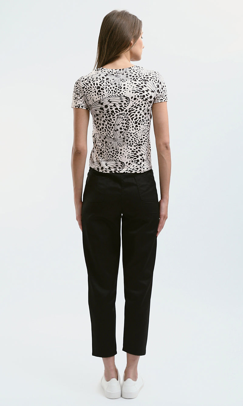 O182831 Beige & Black Patterned Short Sleeves Short Tee