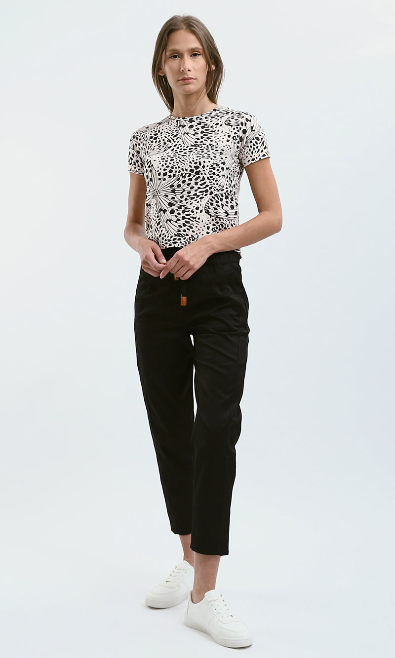 O182831 Beige & Black Patterned Short Sleeves Short Tee