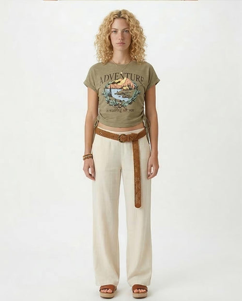 Ravin Adventure Series: Ruched Side Graphic Tee-Khaki - O182845