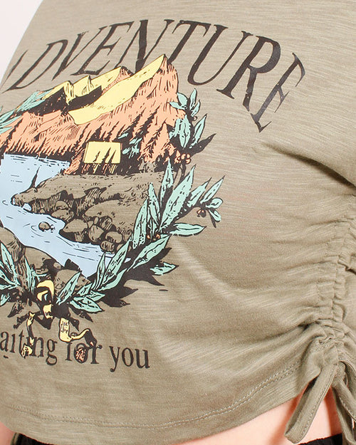 Ravin Adventure Series: Ruched Side Graphic Tee-Khaki - O182845