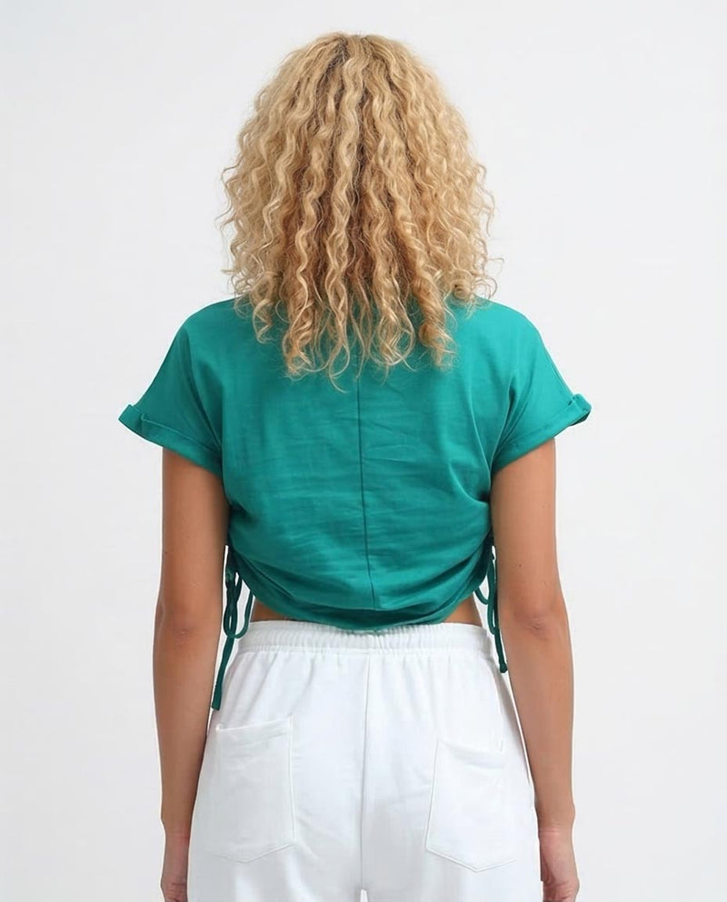 Ravin Teal Cropped Side-Tie Hoodie T-Shirt – "READY STEADY GROW" O182846