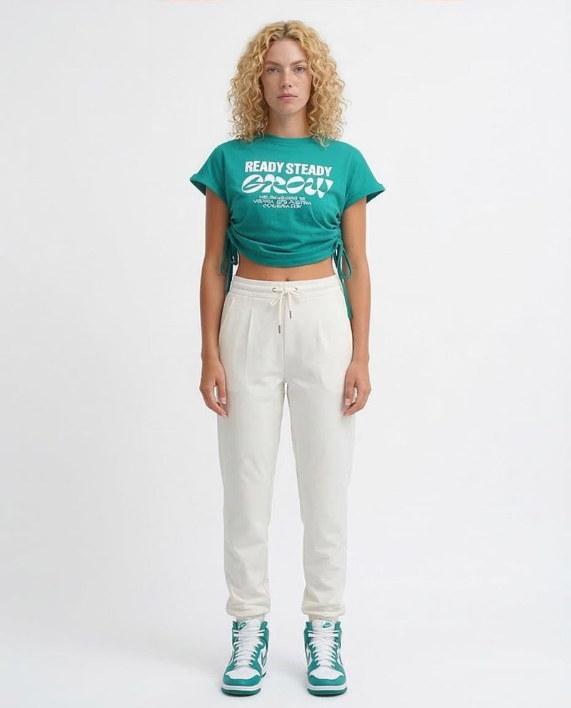 Ravin Teal Cropped Side-Tie Hoodie T-Shirt – "READY STEADY GROW" O182846