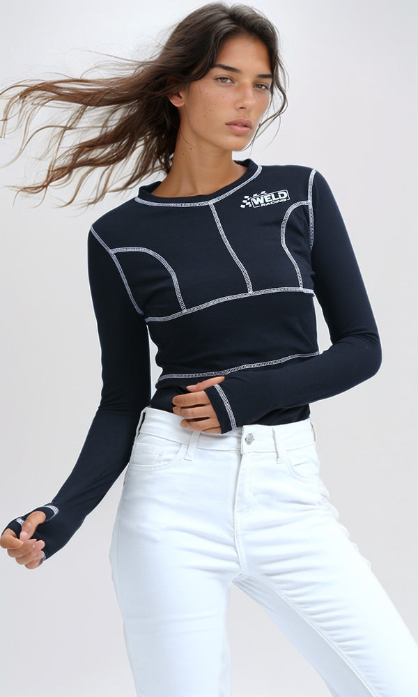 O182847 - Summer Long Sleeves Tee with Stitched Details - Black