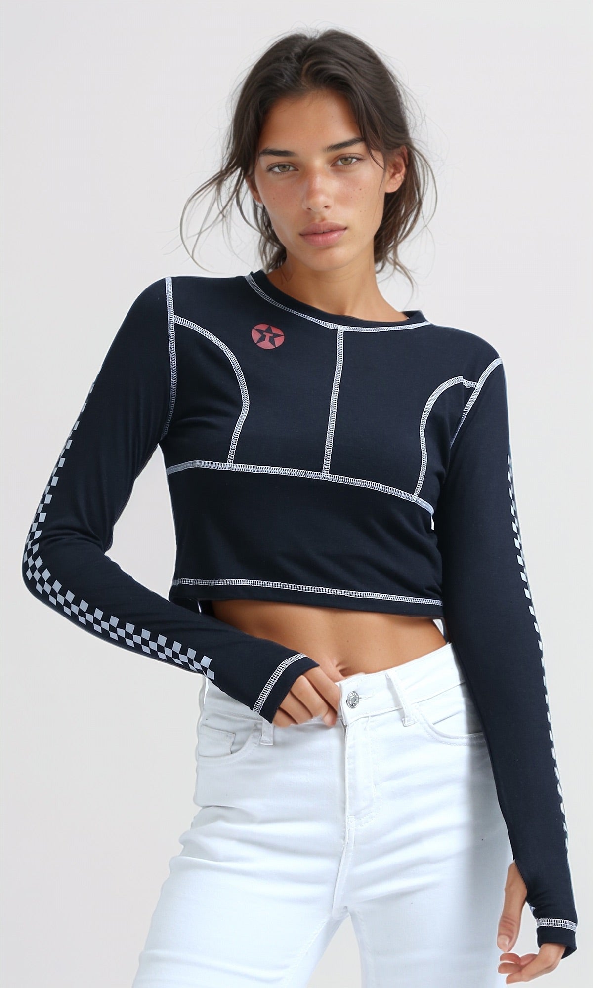 O182848 - Printed ''Racing'' Lined Sleeves Tee - Black