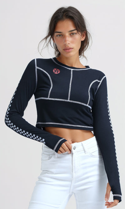 O182848 - Printed ''Racing'' Lined Sleeves Tee - Black