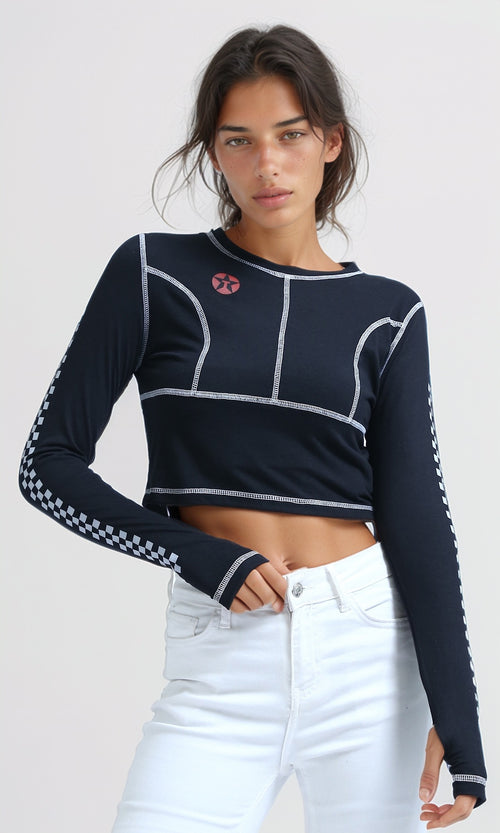 O182848 - Printed ''Racing'' Lined Sleeves Tee - Black