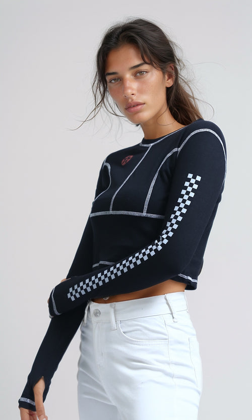 O182848 - Printed ''Racing'' Lined Sleeves Tee - Black