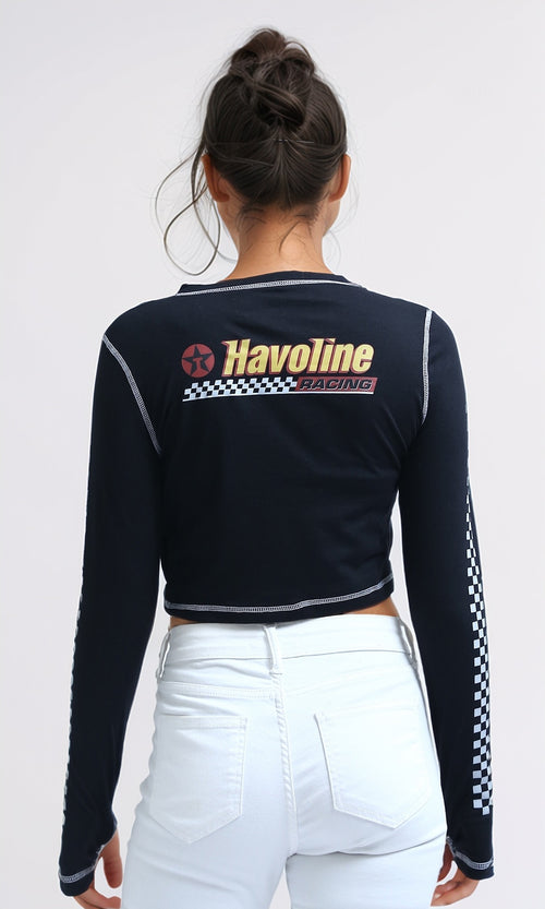 O182848 - Printed ''Racing'' Lined Sleeves Tee - Black