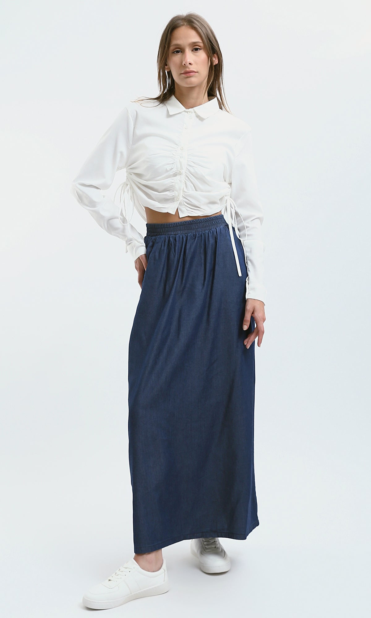 O182851 Cotton Jeans Skirt With Elastic Waist - Dark Blue