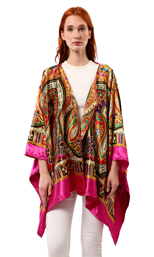 O182852 Loose Stain Cardigan With Colorful Patterns - Fuchsia & Yellow