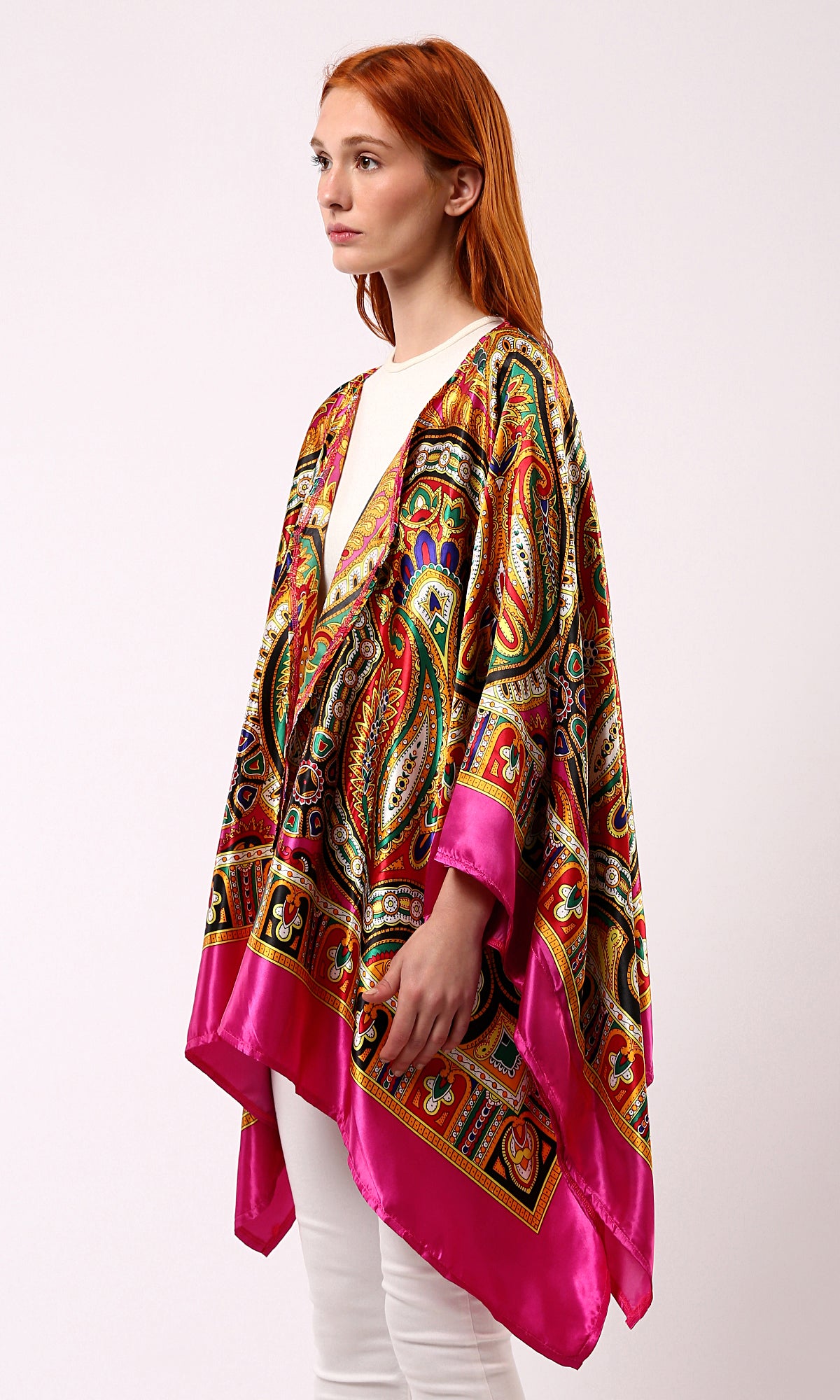 O182852 Loose Stain Cardigan With Colorful Patterns - Fuchsia & Yellow