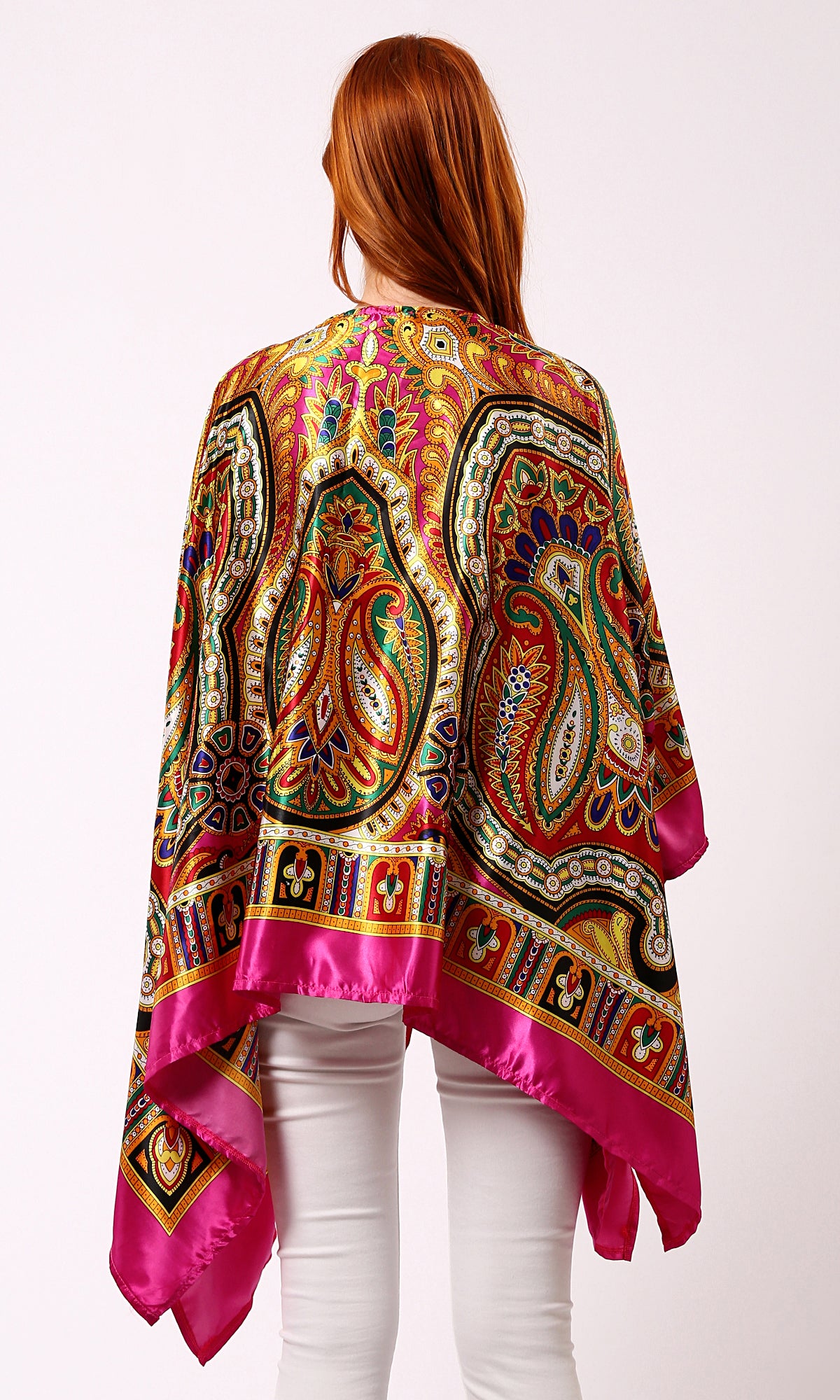 O182852 Loose Stain Cardigan With Colorful Patterns - Fuchsia & Yellow