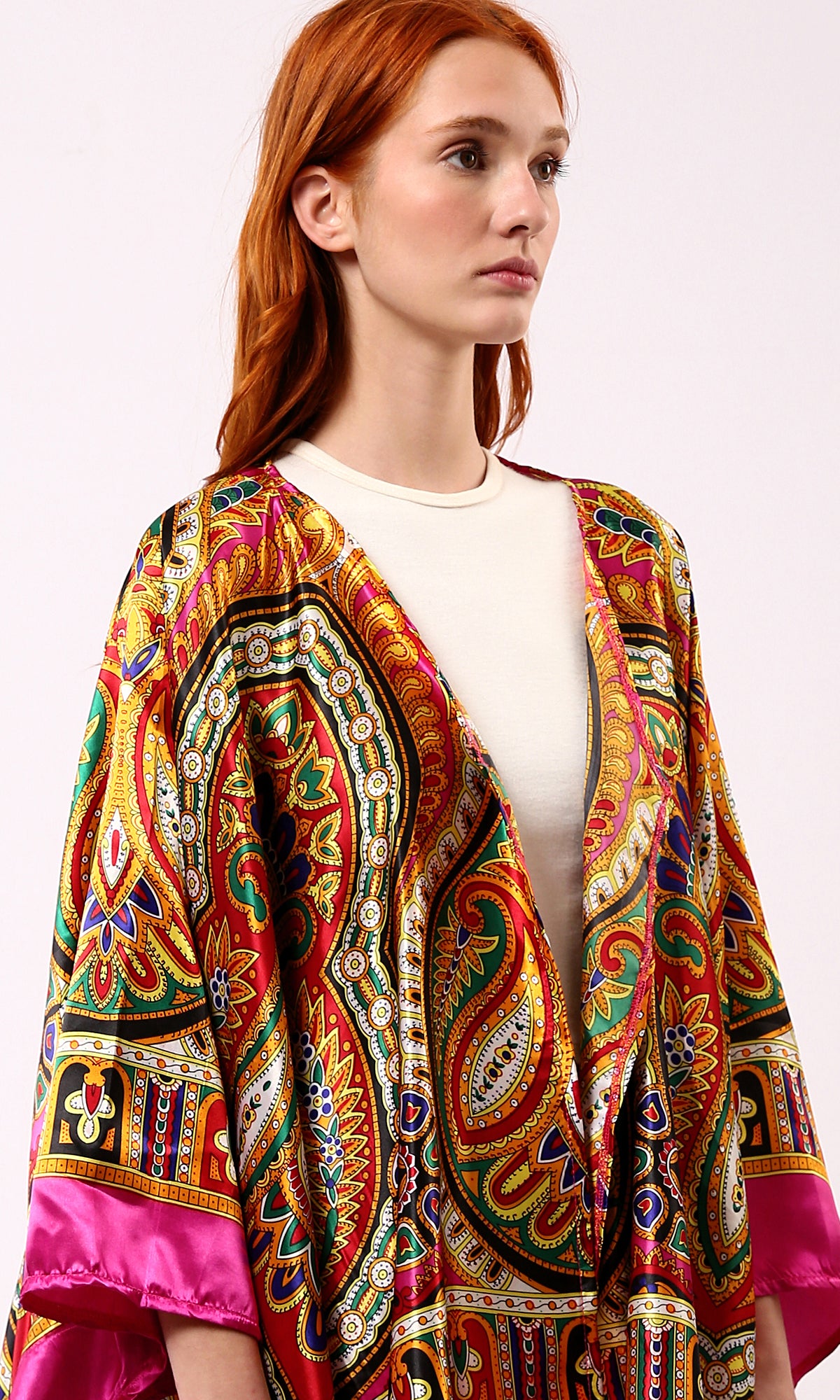 O182852 Loose Stain Cardigan With Colorful Patterns - Fuchsia & Yellow