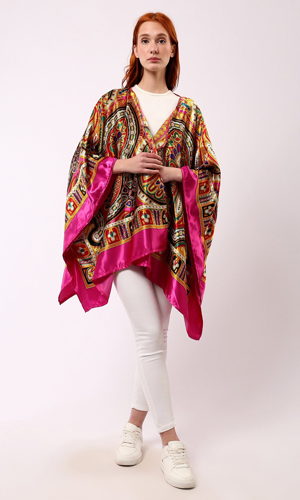 O182852 Loose Stain Cardigan With Colorful Patterns - Fuchsia & Yellow