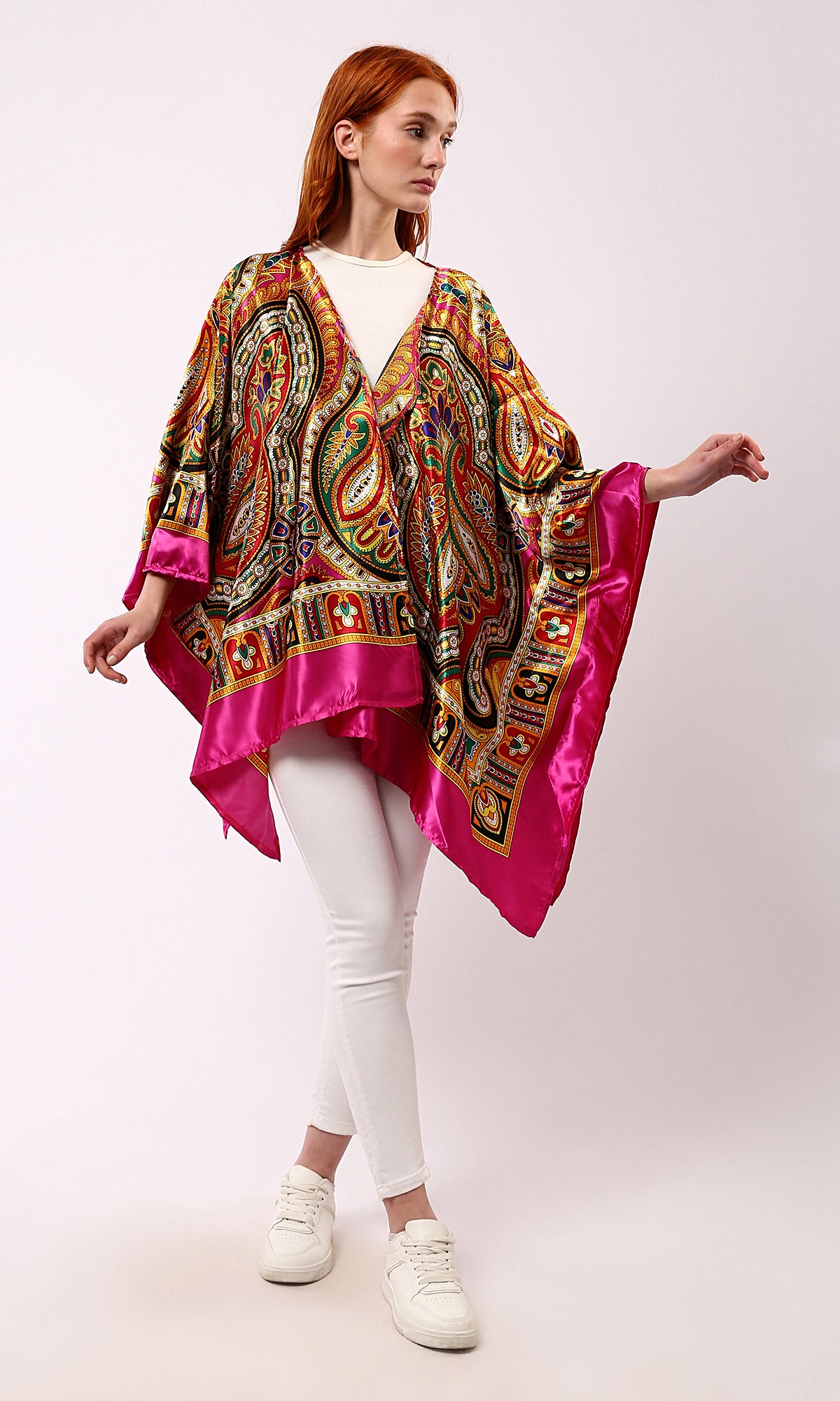 O182852 Loose Stain Cardigan With Colorful Patterns - Fuchsia & Yellow