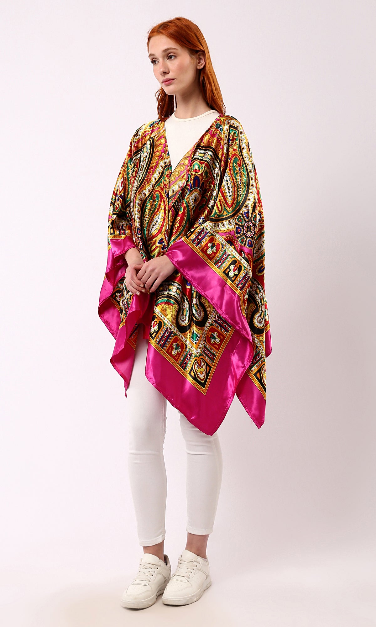 O182852 Loose Stain Cardigan With Colorful Patterns - Fuchsia & Yellow