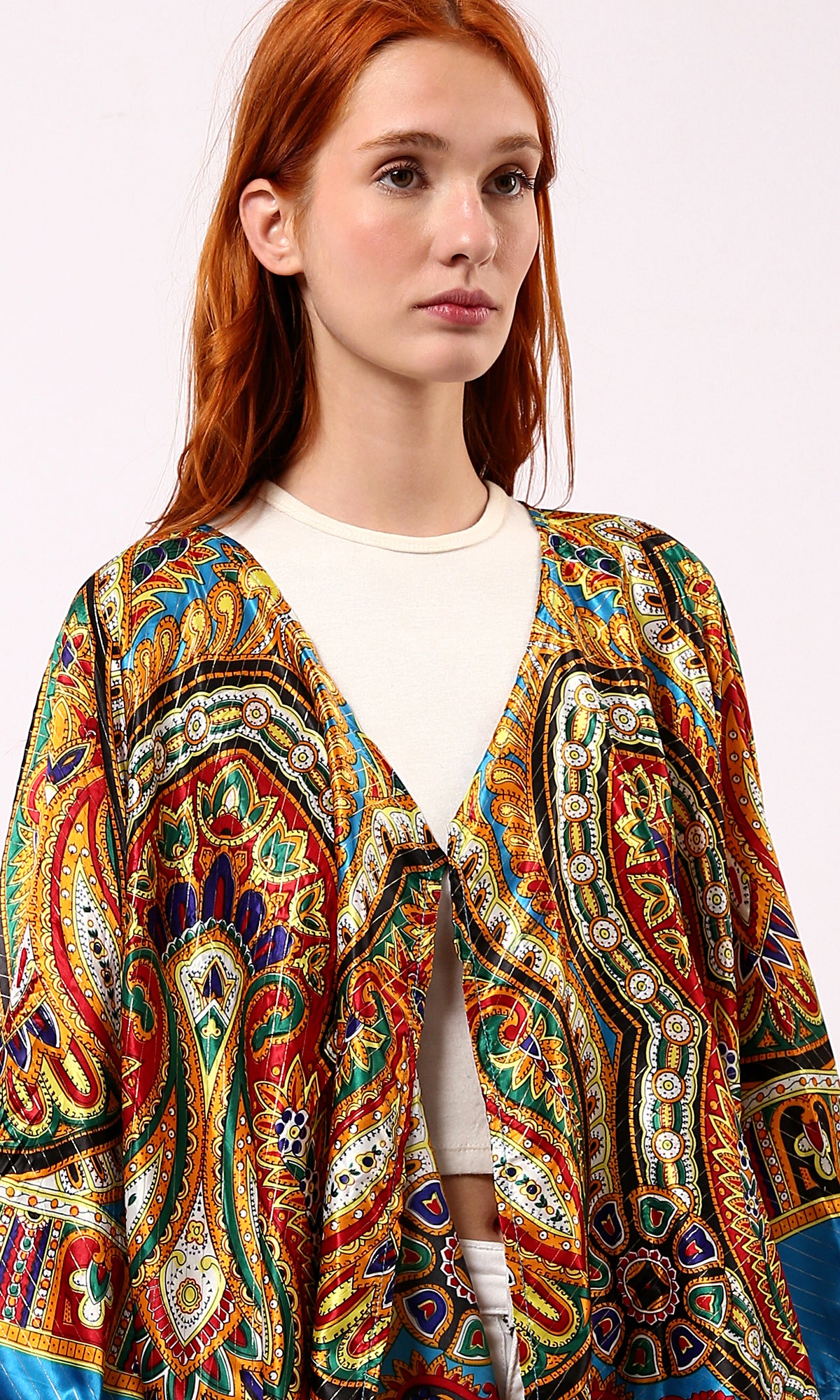 O182853 Turquoise & Yellow Wide Long Sleeves Stain Cardigan