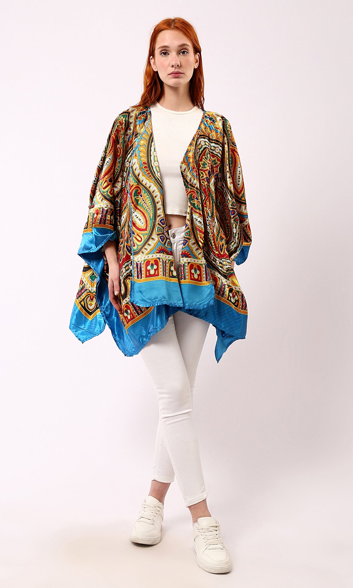 O182853 Turquoise & Yellow Wide Long Sleeves Stain Cardigan