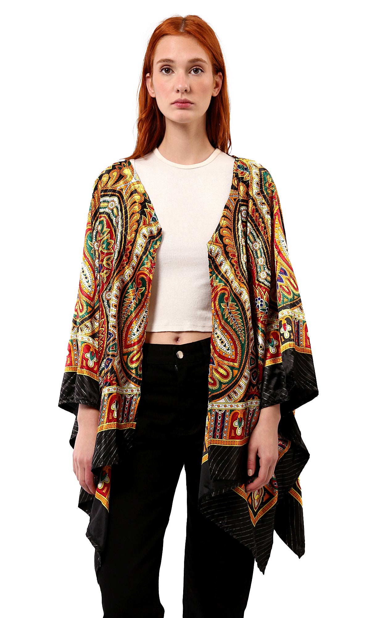 O182854 Patterned Black & Gold Stain Cardigan With Open Neckline