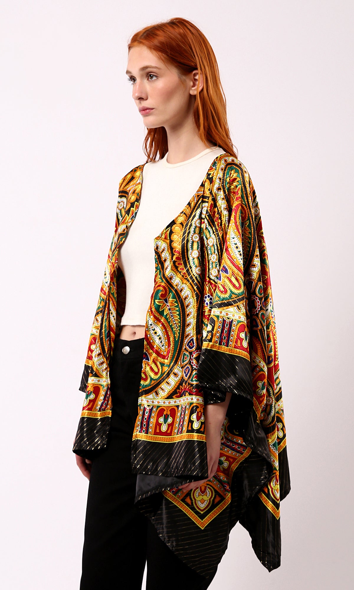 O182854 Patterned Black & Gold Stain Cardigan With Open Neckline