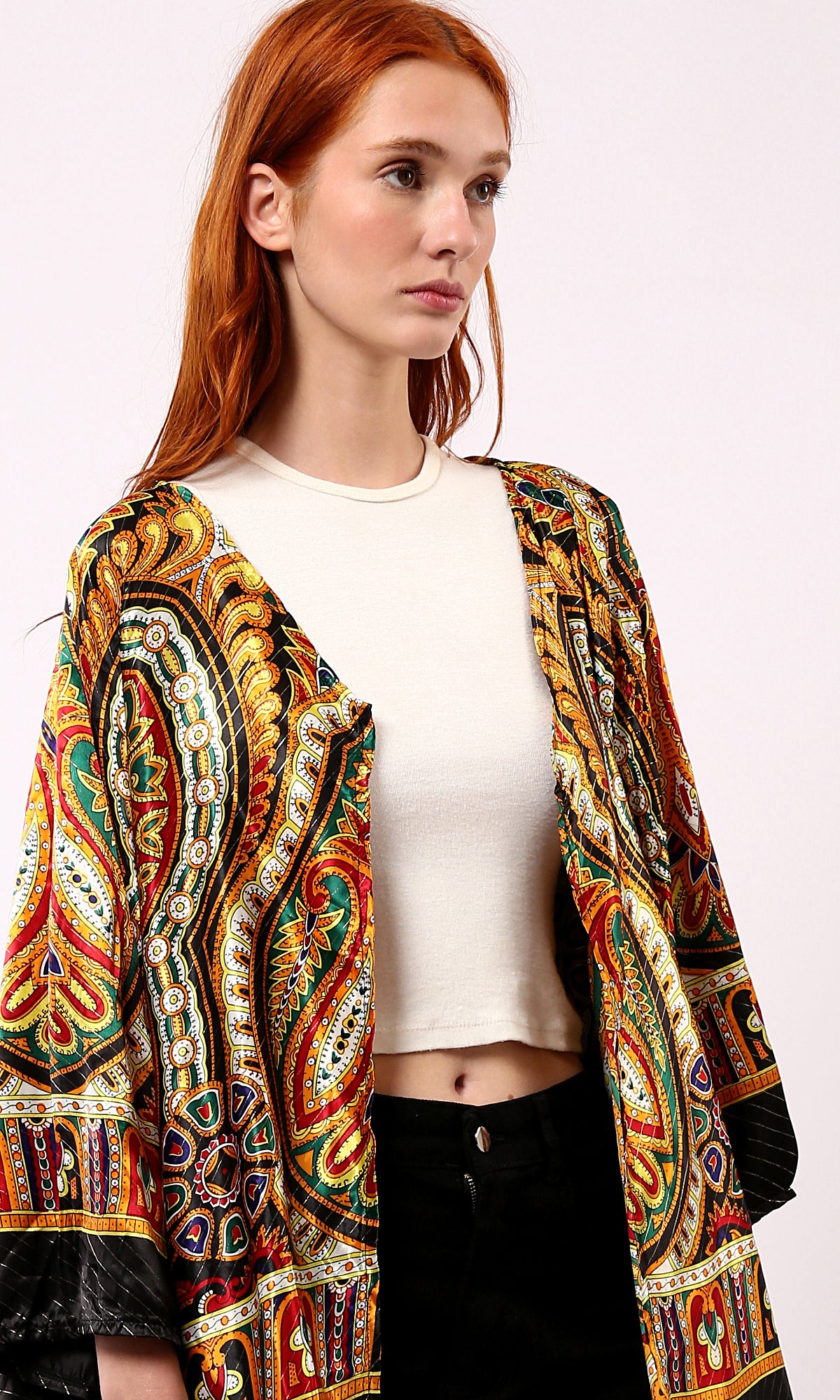 O182854 Patterned Black & Gold Stain Cardigan With Open Neckline
