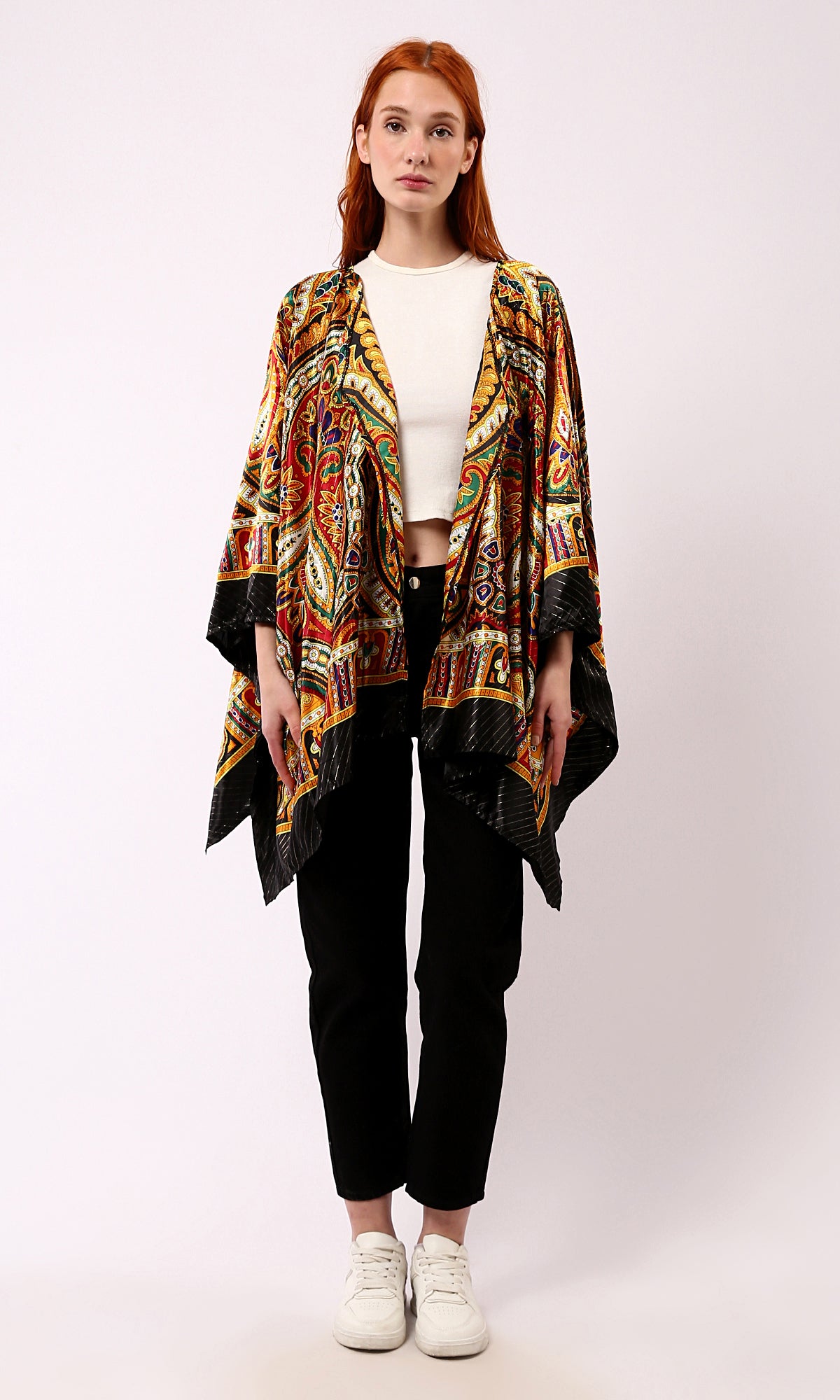 O182854 Patterned Black & Gold Stain Cardigan With Open Neckline