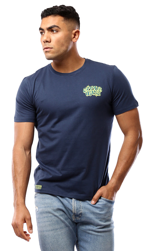 O182898 Printed "Goods Ways" Light Navy Blue Cotton Tee
