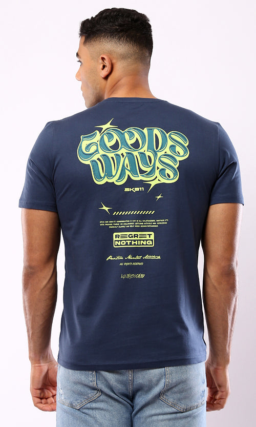 O182898 Printed "Goods Ways" Light Navy Blue Cotton Tee