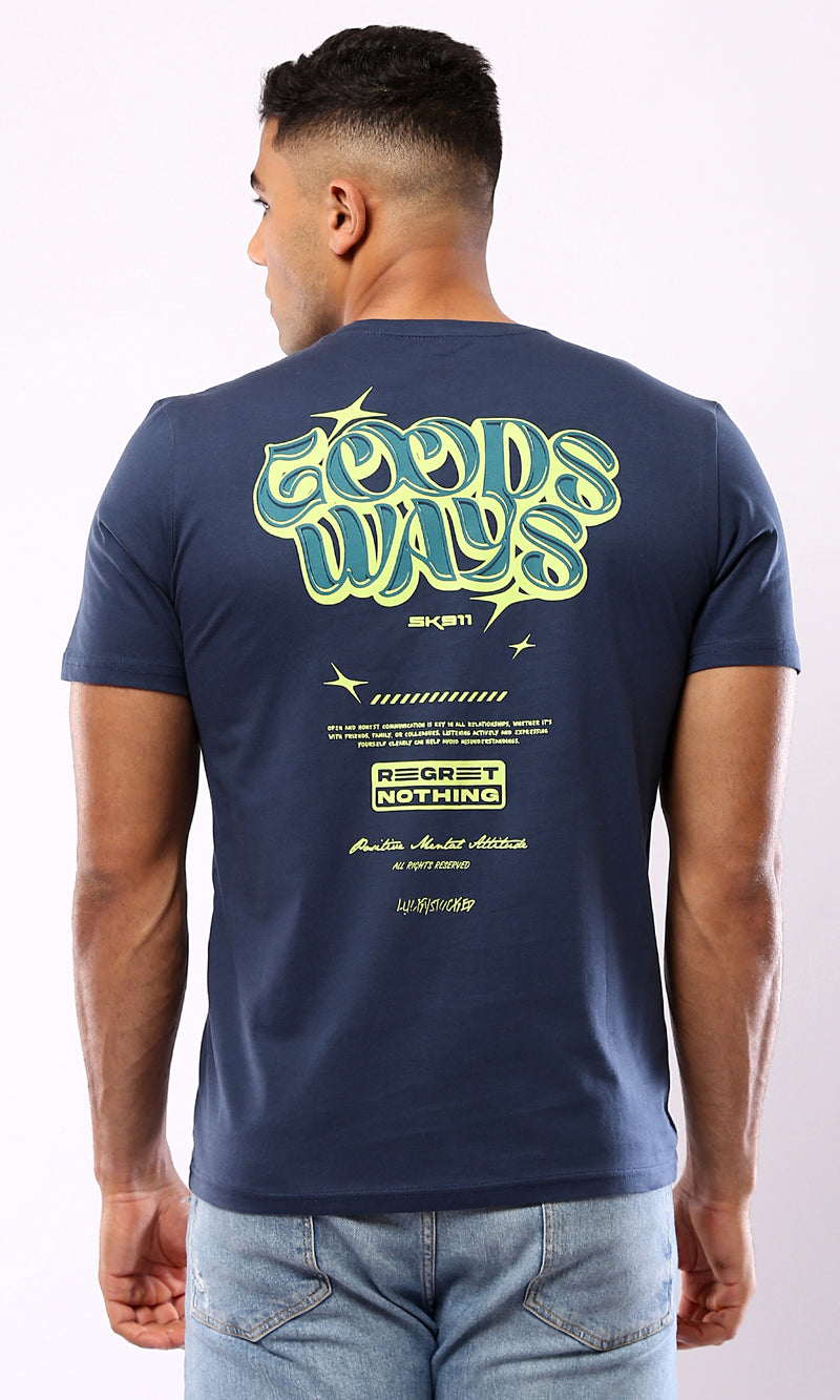 O182898 Printed "Goods Ways" Light Navy Blue Cotton Tee