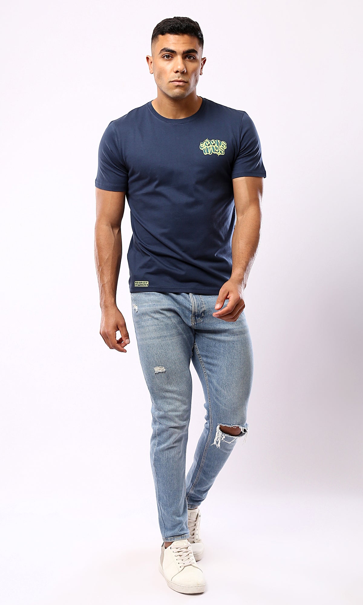 O182898 Printed "Goods Ways" Light Navy Blue Cotton Tee