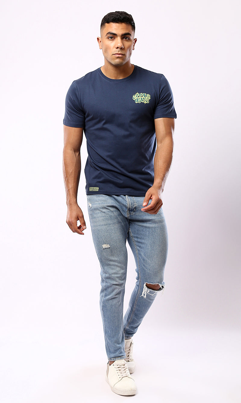 O182898 Printed "Goods Ways" Light Navy Blue Cotton Tee