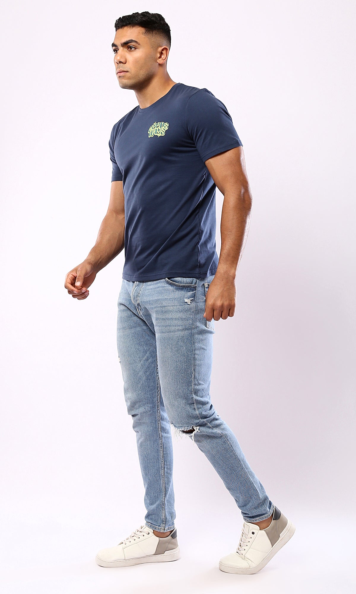 O182898 Printed "Goods Ways" Light Navy Blue Cotton Tee