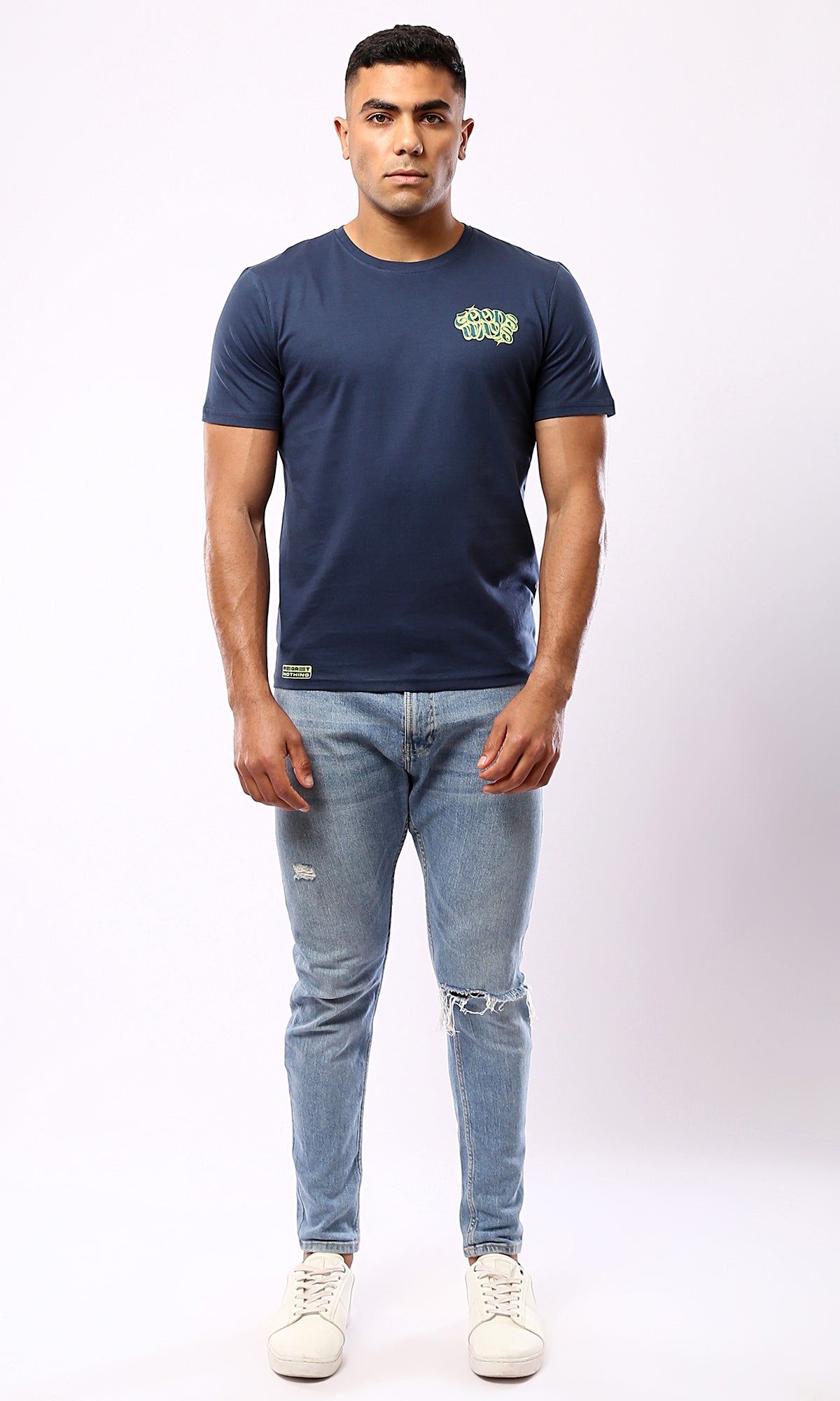 O182898 Printed "Goods Ways" Light Navy Blue Cotton Tee