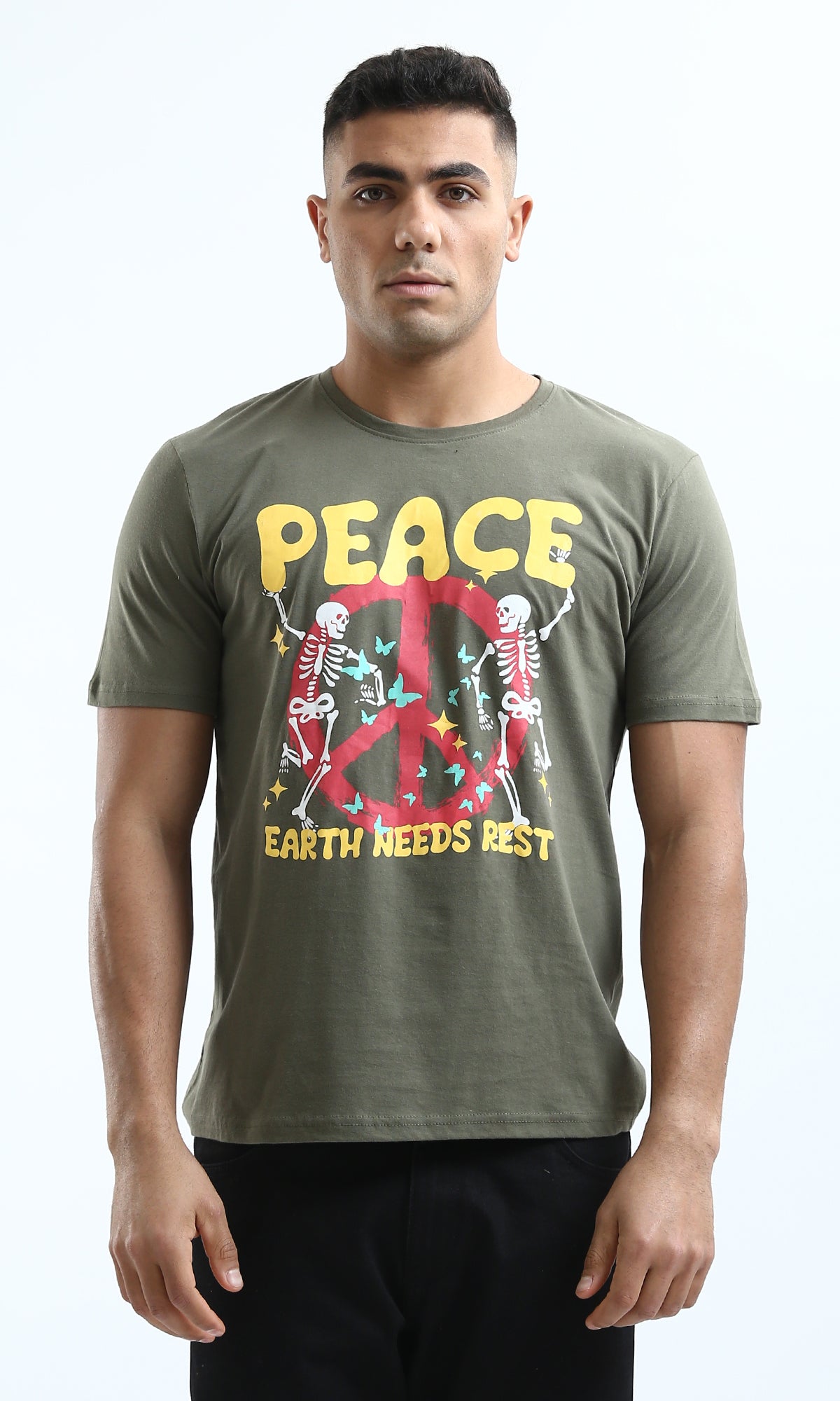 O182899 Olive Slip On Tee With Front Print "Peace" 